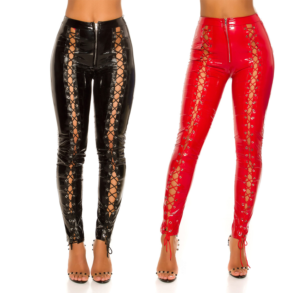 KouCla Latex Look Leggings With Front Lace Up